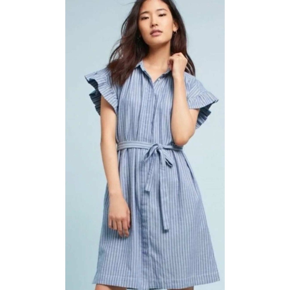 Isabella Sinclair Blue White Striped Ruffle Sleeve Tie Waist Shirt Dress Medium